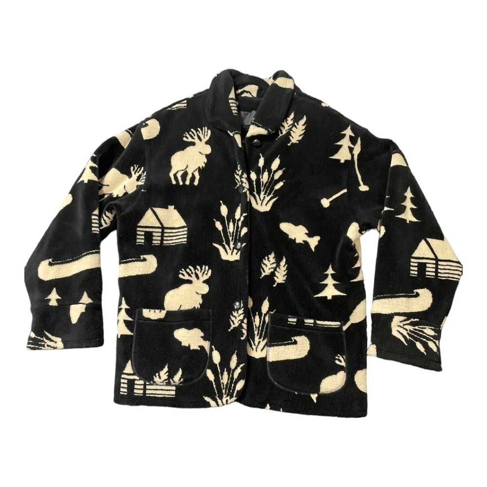 DENALI Women's Fleece Black All Over Outdoor Print Button Up Coat Size Large